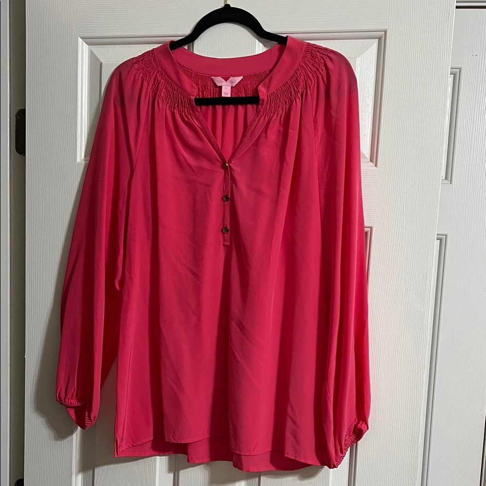 Lilly Pulitzer Pink Elsa Silk Long Sleeve V Neck Button Blouse Size Large